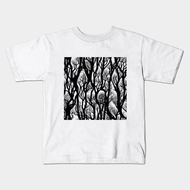 Psychedelic dark forest branches, black mood Kids T-Shirt by MashaVed